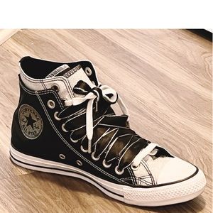 Converse CTAS Double Uppers Black/Silver Glitter w Ribbon Laces. Ladies 9.5